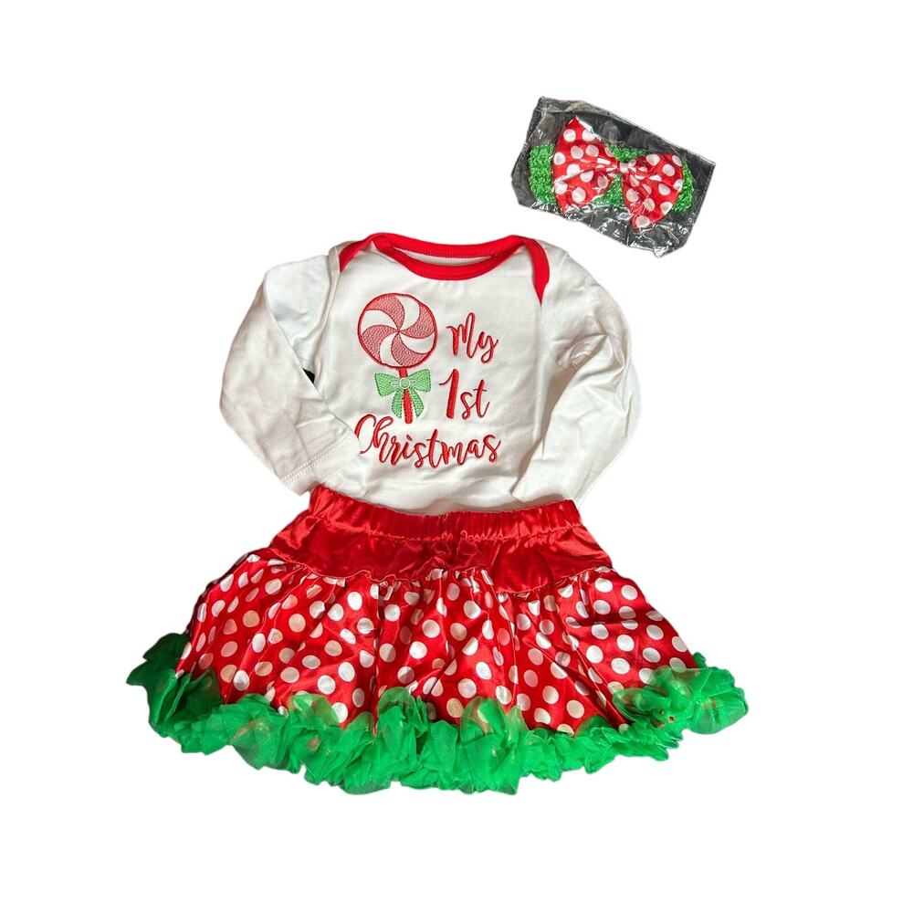 ♡ New Baby Christmas Outfit Top, Tutu, & Headband Set 3-6 M